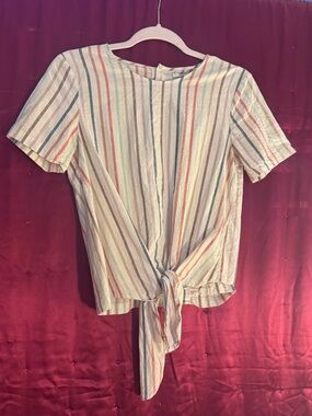 👑 Size XSmall Madewell Pastel Striped Tie-Front Short Sleeve Top